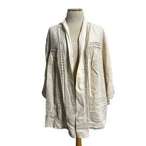 Kaktus Women's Size S 100% Linen Crochet Detail Open-Front Cardigan Jacket Beige